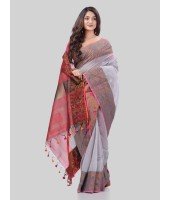 DESH BIDESH Women`s Tant Cotton Silk Handloom Cotton Saree Pushpomala With Blouse Piece(Grey Red)